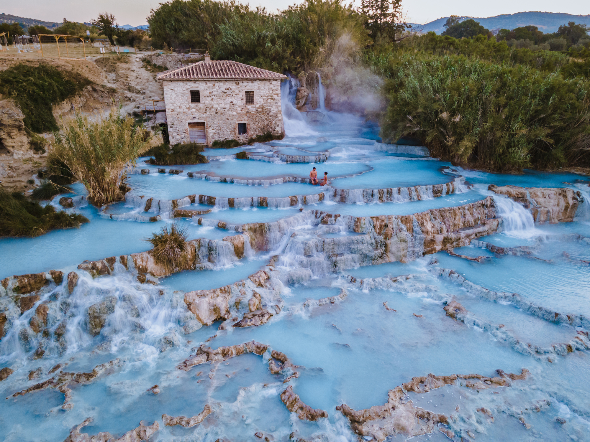 Toscane Italy, Natural Spa with Waterfalls and Hot Springs at Saturnia Thermal Baths, Grosseto, Tuscany, Italy Aerial View on the Natural Thermal Waterfalls at Saturnia